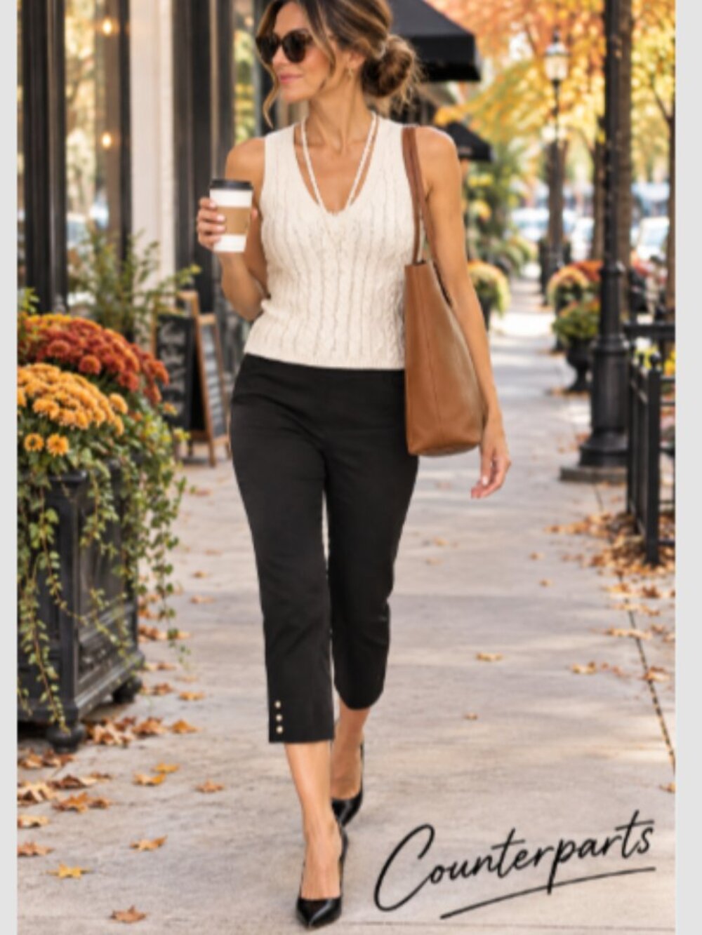 Counterparts Elegant Black cropped Pants mid rise Pearl Button Hem NEW